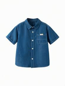 mini bala 小男孩仿牛仔衬衫 - 柔软凉爽短袖上衣，亲肤夏季 - 牛仔深藍 - 查看 4