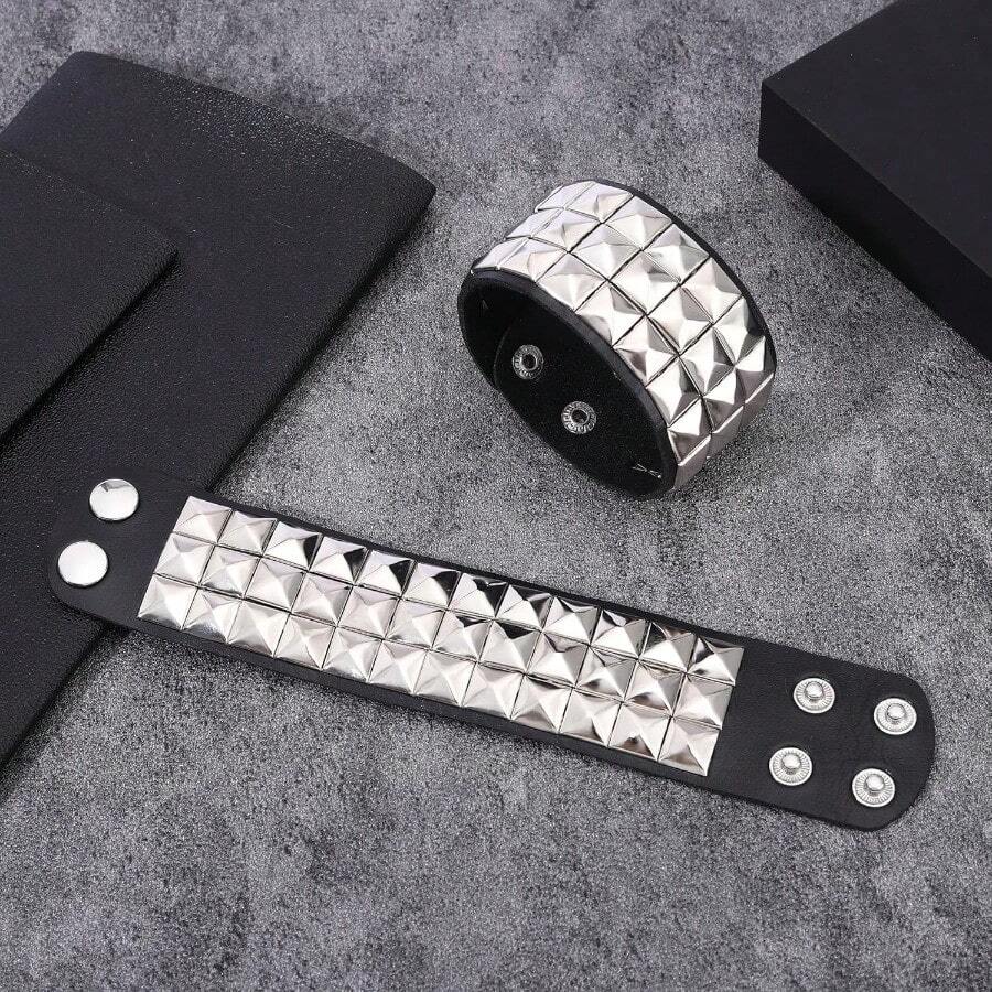 1pcs Rivet Bracelet For Men, Women, Black Leather, Gothic, Punk Bracelet, Halloween Party Punk Accessories - 黑色 - 查看 1