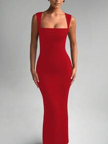 Summer Women Sleeveless Square Collar Bodycon Elegant Long Dress Sexy Party Dress Evening - Red - View 5