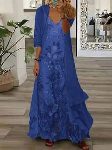 春夏加大码女士优雅印花无袖V领连衣裙搭配七分袖薄纱开衫两件套，完美适用于浪漫婚礼、新年装扮、休闲外出、咖啡约会等场合。 - 寶藍色 - 查看 1