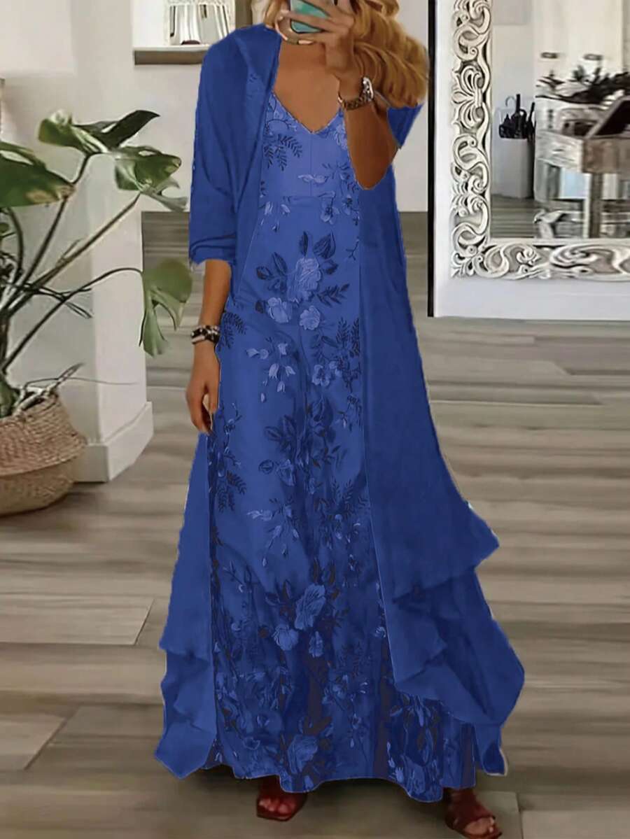春夏加大码女士优雅印花无袖V领连衣裙搭配七分袖薄纱开衫两件套，完美适用于浪漫婚礼、新年装扮、休闲外出、咖啡约会等场合。 - 寶藍色 - 查看 1