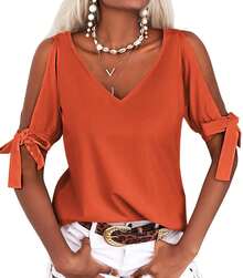 Womens Cold Shoulder V Neck Tops Short Sleeve Loose Fit Summer Casual Cutout T Shirt Blouse - 橘色 - 查看 3