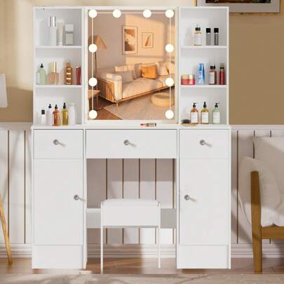 For Girls Gifts Vanity Dressing Table Desk Set W/ LED Light Makeup Mirror Drawer