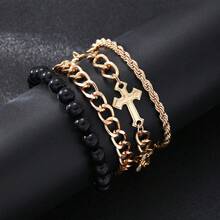 4pcs Set Men Stainless Steel Cross Bead Bracelet, Punk Alloy Bracelet, Gift For Men - Gold - View 3