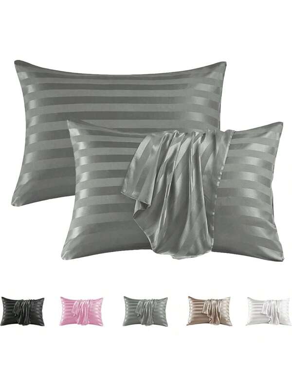 2 Packungen luxuriöse Seide-Satin gestreifte Kissenbezüge, dunkelgrauer 3 cm Streifen Jacquard ultra weiche Polyester Kuvertabschluss Kissenhüllen, maschinenwaschbar, 80-85 g/m², kühlender Komfort für Haar und Haut, Bettkissenschutz in Hotelqualität