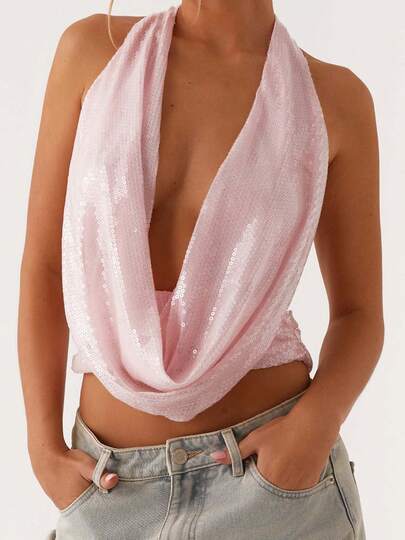 Women Sequin Halter Neck Tank Top Low Cut Cowl Neck Backless Crop Tops Y2K Summer Sparkle Shimmer Camisole Party Rave Vest Beach Club Party Wear