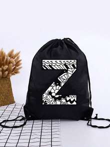 1pc A-Z Graffiti Letter Unisex Kids Outdoor Backpack, Drawstring Closure Bags, Large Capacity Sports Rucksack, Cute Cartoon Letter Print Sports Bag - Black - View 31