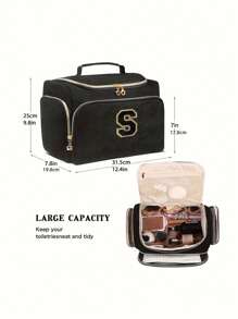 1pc Black Polyester Travel Toiletry Bag With Handle - Alphabet Pattern, Wet/Dry Separation, Machine Washable, Portable Makeup Organizer For Both Men & Women, Ideal Gift For Family & Friends, Daily Cosmetics Storage, Fashionable Makeup Case, Practical Design, Fabric, Must-Have For Frequent Travelers