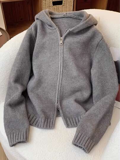 Women's Short Loose Zip-Up Hooded Knit Cardigan, Autumn/Winter