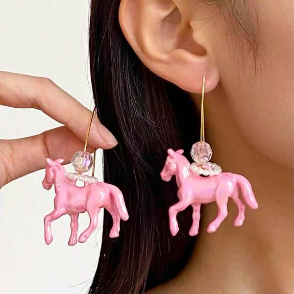 1pair Of Personalized And Stylish Resin Pony Earrings, Suitable For Women To Wear In Daily Life And Match With Various Outfits.