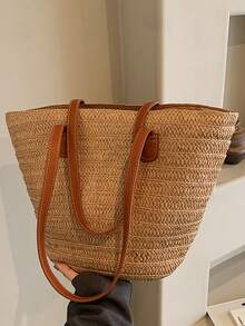 1 件超大容量卡其色编织拉链双肩带手提包，草编单肩包，适合旅行、度假、海滩 - 卡其色 - 查看 11