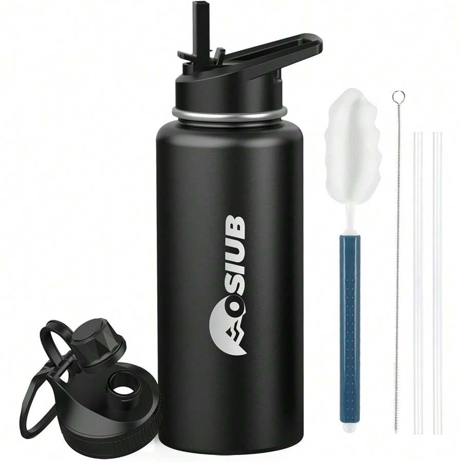 New-88 Insulated Water Bottle 32 Oz, Triple Wall Vacuum Stainls Steel(Cold For 48 Hrs),Le Proof & -, Water Bottle Drink-Through Lid & Flip Straw For Sports & Travel, Black - 黑色 32 盎司 - 查看 1
