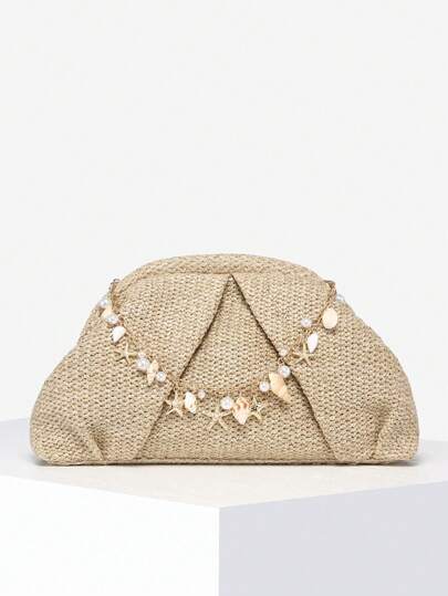 SIA Damska minimalistyczna torebka kopertówka w stylu vintage z imitacją tkanego szydełka w stylu boho z muszli i nitami w kolorze angola w kolorze czerwonym o dużej pojemności, odpowiednia na imprezy, wyjścia i do codziennego noszenia