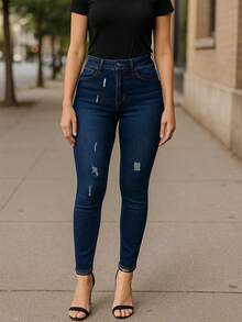 Jeans Skinny Tiro Alto para Mujer, Azul Oscuro, Rasgados Discretos, Efecto Moldeador, Levanta Glúteos - Azul - Ver 3