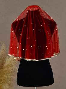 1 pièce Serre-tête de mariée en tulle bordeaux avec des perles de faux-perles, convient pour la cérémonie de mariage, la réception, les fiançailles. Accessoires pour tenues d'automne pour femmes, Saint-Valentin - V267 - Voir 16