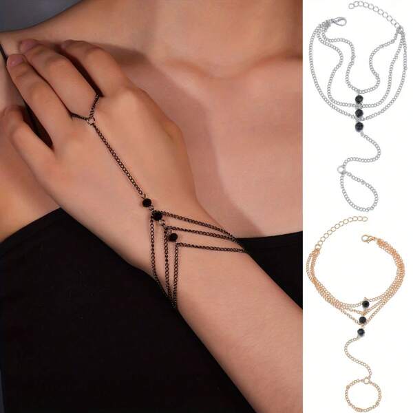 1pc Fashionable Vintage Black Wheel Bead Multi-Layer Rings Chain Bracelet