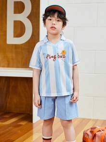 mini bala Boys' Sports Set – Quick-Dry Mesh Outfit With Retro Stripes, Sweat-Free Summer Look - White and Blue - View 1