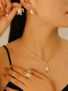 Set de 3 piezas con colgante, pendientes y anillo con estampado de tortuga marina, en estilo de playa, accesorios de moda para mujer, apropiado para la playa, vacaciones, fiesta y uso diario