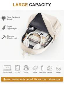 经典休闲背包/学院风背包，大容量女士笔记本电脑背包，轻便书包，男女通用，实用笔记本电脑背包，可装15.6英寸笔记本电脑 - 米色 - 查看 6