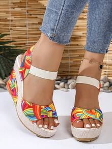 Giày sandal đế xuồng đế xuồng Châu Âu mới 2024 dành cho nữ, dép đi ngoài trời quai đa năng, dép đi biển họa tiết hoa gợi cảm, giày hở mũi thoải mái, dép sandal nữ đế xuồng cao gót họa tiết hoa màu xanh lá cây - trái cam - Xem 2
