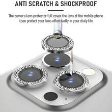 1 Set Compatible With IPhone 11 12 13 14 15 16 Pro Max Bling Camera Lens Cover Protector, Bling Diamond & Bling Glitter Metal Ring 9H Tempered HD Glass Camera Cover Protector Film - Silver - View 5