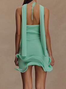Women's Knitted Halter Mini Dress Sleeveless Solid Color Scarf Dress Ruffle Hem Dress - 薄荷綠 - 查看 2