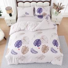 3Pcs Purple & Coffee Tropical Plant Leaf Quilt Set (2*Pillowcase, 1*Duvet Cover, No Core) Simple And Fresh Bedding, Super Soft And Comfortable, Zipper Sealing, Universal For All Seasons, Ideal For Decorating Bedrooms, Rooms And Dormitories.