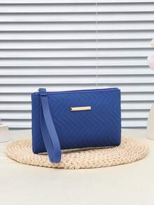 Wavy Pattern Mini Clutch Bag, Large Capacity Long Wallet With Zipper Coin Purse, Minimalist Design - Blue - View 3
