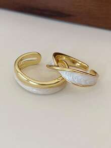 rundraw 2 件金色十字交叉双层亮面开口戒指套装，奢华风格，适合送给朋友的礼物，适合日常佩戴 - 彩色 - 查看 4