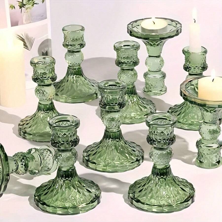 Set de 4/6 piezas de Elegantes Portavelas de Vidrio - Diseño de cristal transparente, adecuado para velas cilíndricas y cónicas, ideal para decoración del hogar, sala de estar, bodas y ocasiones especiales, arreglo romántico de velas