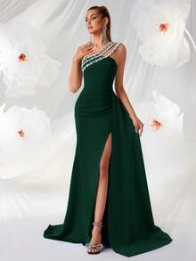 ADYCE Elegant Handmade Rhinestone Strapless High Waist Long Satin Dress, Side Slit Backless Design, Suitable For Party Dress, Prom, Birthday Party, Formal Dinner, Date, Homecoming, Wedding Guest, Formal Gala, Family Gathering And Other Occasions., Valentine's Day - Dark Green - View 7