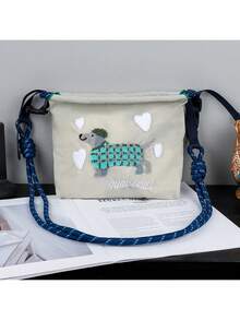 1pc New Fashion Casual Versatile Embroidered Cute Pattern Adjustable Shoulder Strap One Shoulder Diagonal Tote Bag With Zipper