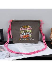 1pc New Fashion Casual Versatile Embroidered Cute Pattern Adjustable Shoulder Strap One Shoulder Diagonal Tote Bag With Zipper