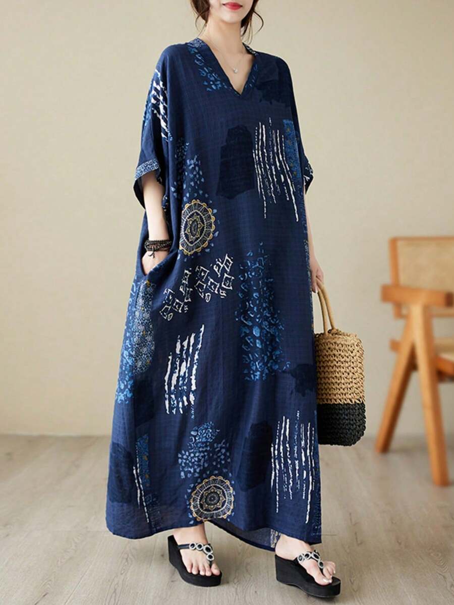 AZAH 2026年中国新年连衣裙，上衣，藏蓝色夏季连衣裙，优雅透气连衣裙，女士休闲度假沙滩连衣裙，夏季妈妈连衣裙V领套头波西米亚风连衣裙
