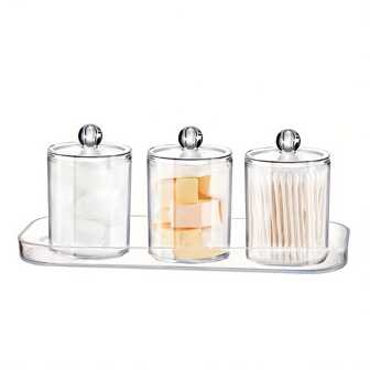 3PCS Clear Qtip Holder Bathroom Set With 1pc Tray Acrylic Plastic Apothecary Jars Qtip Dispenser Canister With Lid And Labels, Bathroom Vanity Tray, For Ball, Cleaning Swab