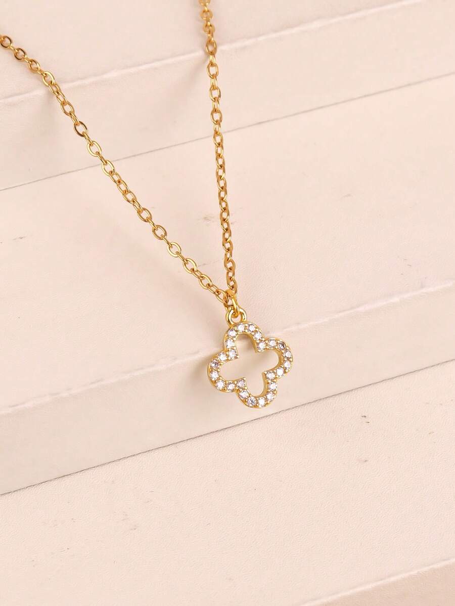1 Stück Cut Out Kleeblatt Anhänger Halskette, kubischer Zirkonia Glücks Kleeblatt Anhänger, Kupfer kubischer Zirkonia Anhänger mit Edelstahl Kette, Edelstahl Schmuck, Geschenk für Frauen, Tägliches Accessoire