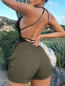 Women's Solid Color High Waisted Crop Casual/Beach/Holiday/Outdoor Sport Utility Shorts With 3D Pockets, Suitable For Summer - Army Green - View 2
