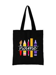 Pencil Print Polyester Custom Name Tote Bag - Casual Style, Lightweight, Open Closure, Fixed Shoulder Strap, Hand Washable, Daily Commute Bag With Printed Design, High-Capacity Travel Storage Bag