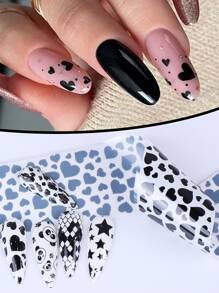 10 feuilles de feuilles de transfert d'art nail rétro noir avec des étoiles, des cœurs, des lignes et des vagues. Feuilles d'art pour ongles avec motifs étoilés, à carreaux et ondulés. Stickers de transfert pour la décoration d'ongles. Fournitures DIY