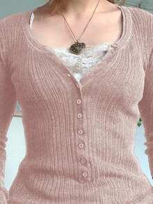 Christmas Lace Crop Button Up Shirts For Women Paneled Button Long Sleeve Knit Top Lightweight Slim Basic Knit Tunic Top Blouse  Plain    Casual    Rib-Knit  Button  Contrast Lace    Daily - 粉色 - 查看 3