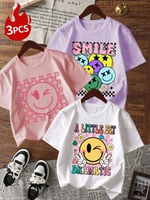 Paquete de 3 camisetas de manga corta y cuello redondo informales estampadas para niñas, con diseño de conejo bonito, ropa de verano para estudiantes y niños, ¡que aporta alegría y felicidad a cada niño!