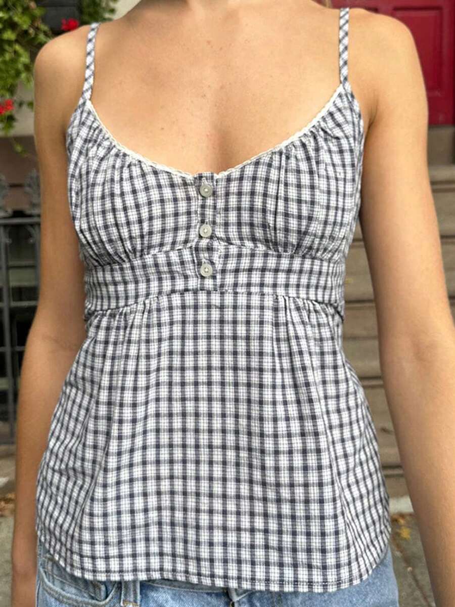 Women Floral/Plaid Print Cami Top Y2k Spaghetti Strap Lace Camisole Fairy Grunge Scoop Neck Button Down Tie Back Tank Top Summer - Xám - Xem 1