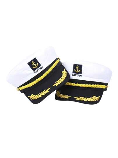 1pc White Oversized Leaf Embroidery Casual Admiral Navy Sailor Performance Uniform Hat, Adjustable, Polyester & Spandex, With Yacht Captain Costume, Suitable For Cosplay