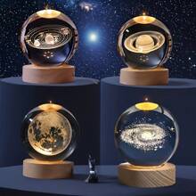 6cm 3D Planet Crystal Ball LED USB Night Light Solar System Galaxy Table Lamp Moon Sphere Saturn Planets Decorative Lamp For Bedroom Decoration Birthday Gifts, Warm White Lights