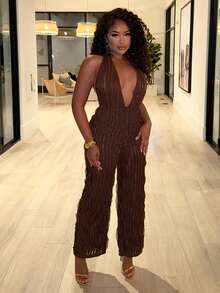 Alexandranx 性感优雅挂脖露肩露背直筒裤牛百叶面料连体裤 - 棕色 - 查看 2