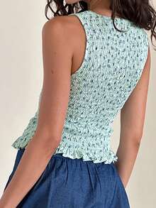 Women Sleeveless Smocked Tank Tops Summer Striped/Floral/Dot Pattern Round Neck Slim Fit Ruffled Vest Shirts - 藍色 - 查看 6
