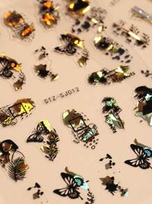3 stuks zelfklevende 3D-bladnagelstickers met glitter, bloemen, gouden bladeren en vlinders. Y2K Fantasy Design-nagelstickers, manicure-stickers en nageldecoratie.