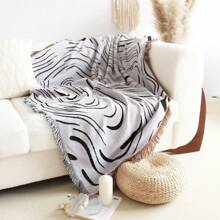 1pc Ripple Pattern Fringed Woven Blanket, Suitable For Sofa, Nap, Air Conditioning, Car, Wall Hanging, Picnic, Camping, Thick & Soft, Washable, Colorfast & Pill-Resistant, For Home Decor & Outdoor Use