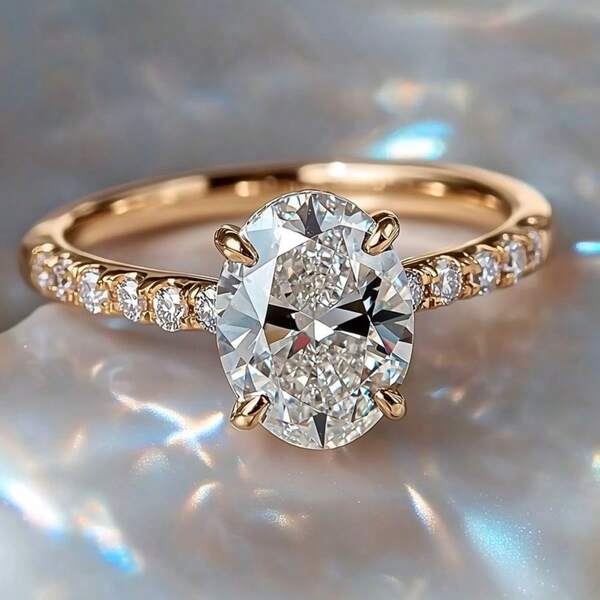 Elegant in Gold überzogener Kupfer-Verlobungsring, mit oval geschliffenem kubischen Zirkonia besetzt, Vier-Krallen-Fassung, luxuriöser Hochzeitsstil, geeignet für den täglichen Gebrauch oder als Valentinstagsgeschenk - Vier Jahreszeiten Schmuck, Schmuck für den täglichen Gebrauch | Mode-Statement | Elegante Einlage, Hochzeitsschmuck