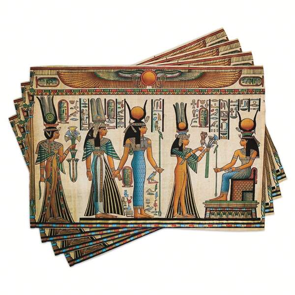 1/4/6pcs Egyptian Papyrus Pattern Placemats, Polyester Dining Table Mats 12x18 Inches, Machine Washable, Woven Rectangular Tableware Mats, Suitable For Home Decor